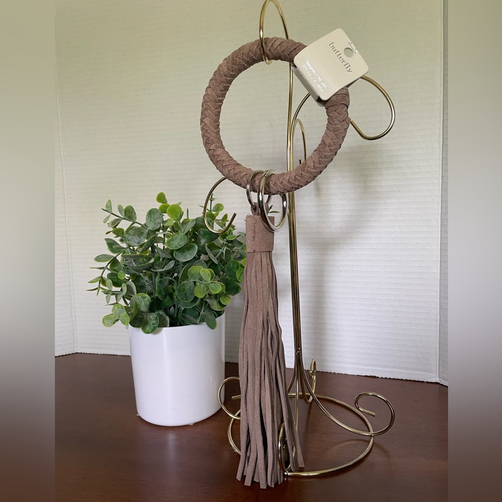 Keychain. Leather, Taupe Color Key Ring Bracelet With Tassel. NWT